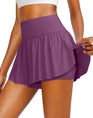 Flowy Running Shorts for Women with 4 Pockets 2 in 1 High Waisted Women's Butterfly Workout Athletic Tennis Skirt Shorts