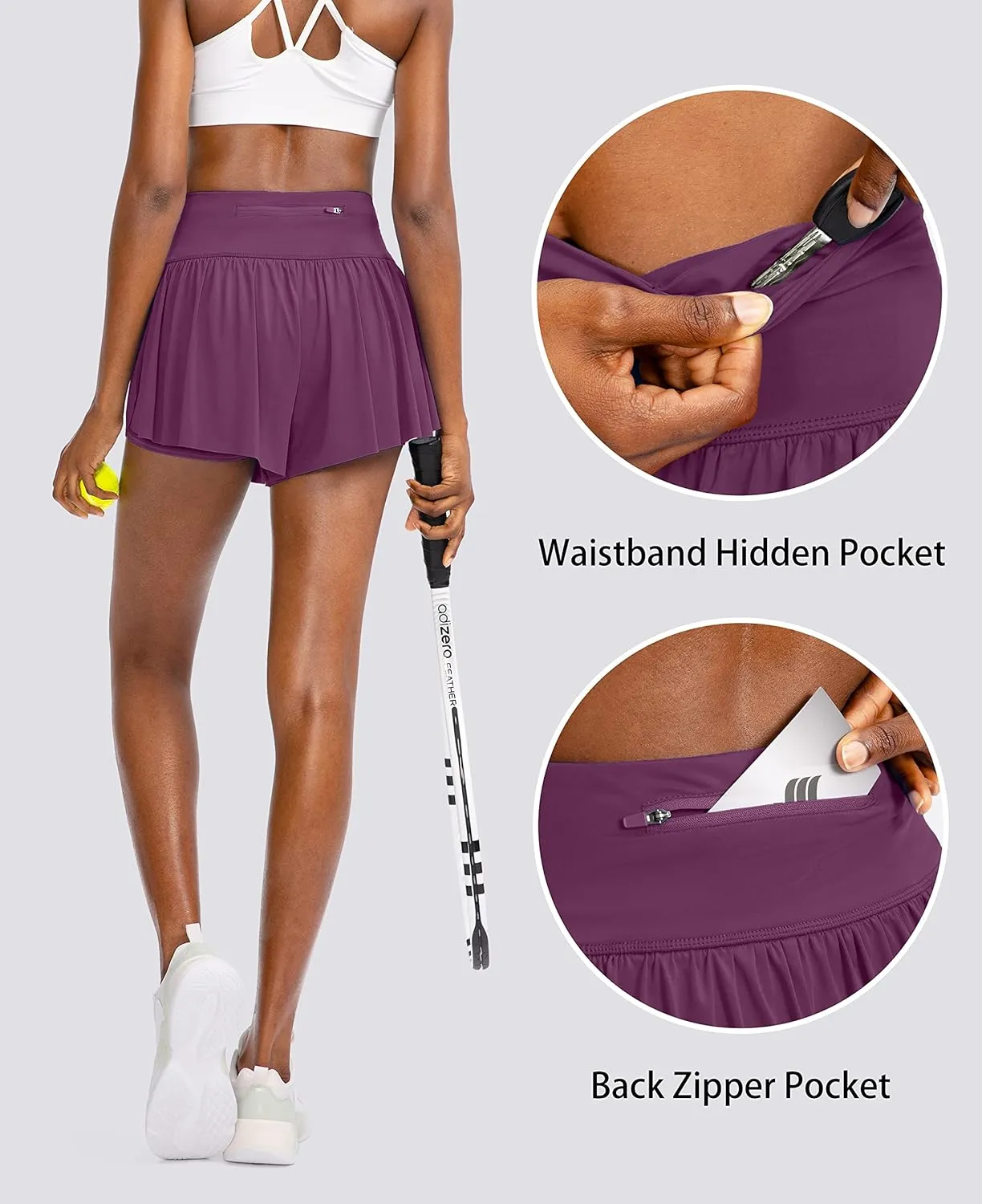 Flowy Running Shorts for Women with 4 Pockets 2 in 1 High Waisted Women's Butterfly Workout Athletic Tennis Skirt Shorts