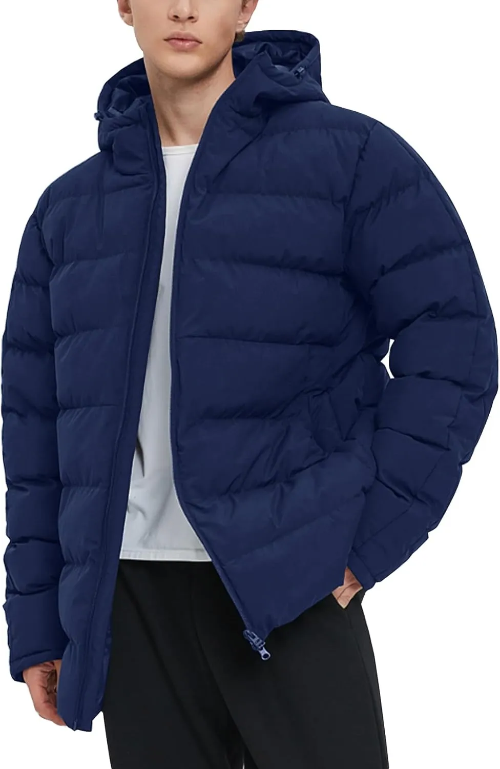 Flygo Mens Hooded Puffer Jacket Insulated Winter Waterproof Warm Coat Zipper Down Quilted Jackets