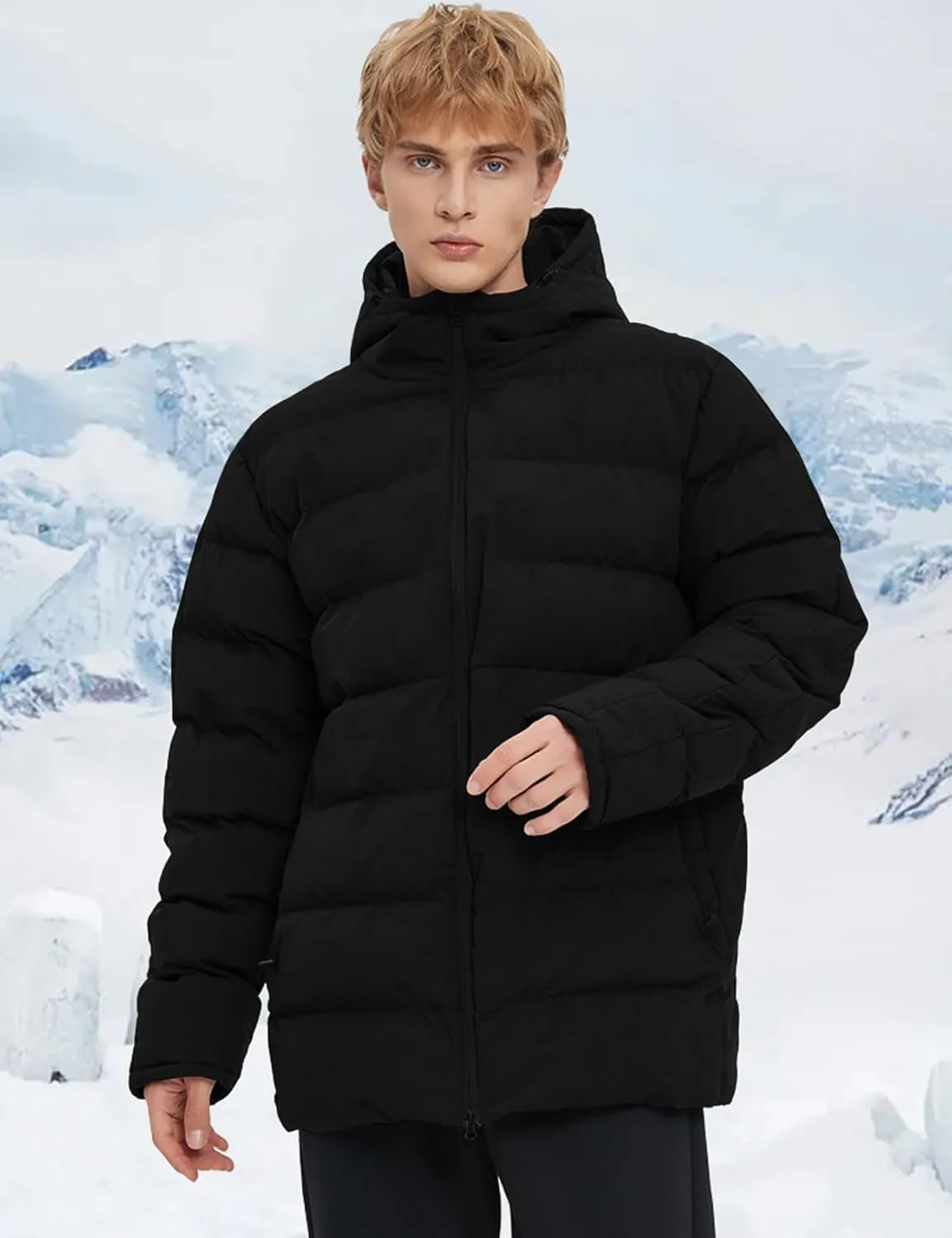 Flygo Mens Hooded Puffer Jacket Insulated Winter Waterproof Warm Coat Zipper Down Quilted Jackets