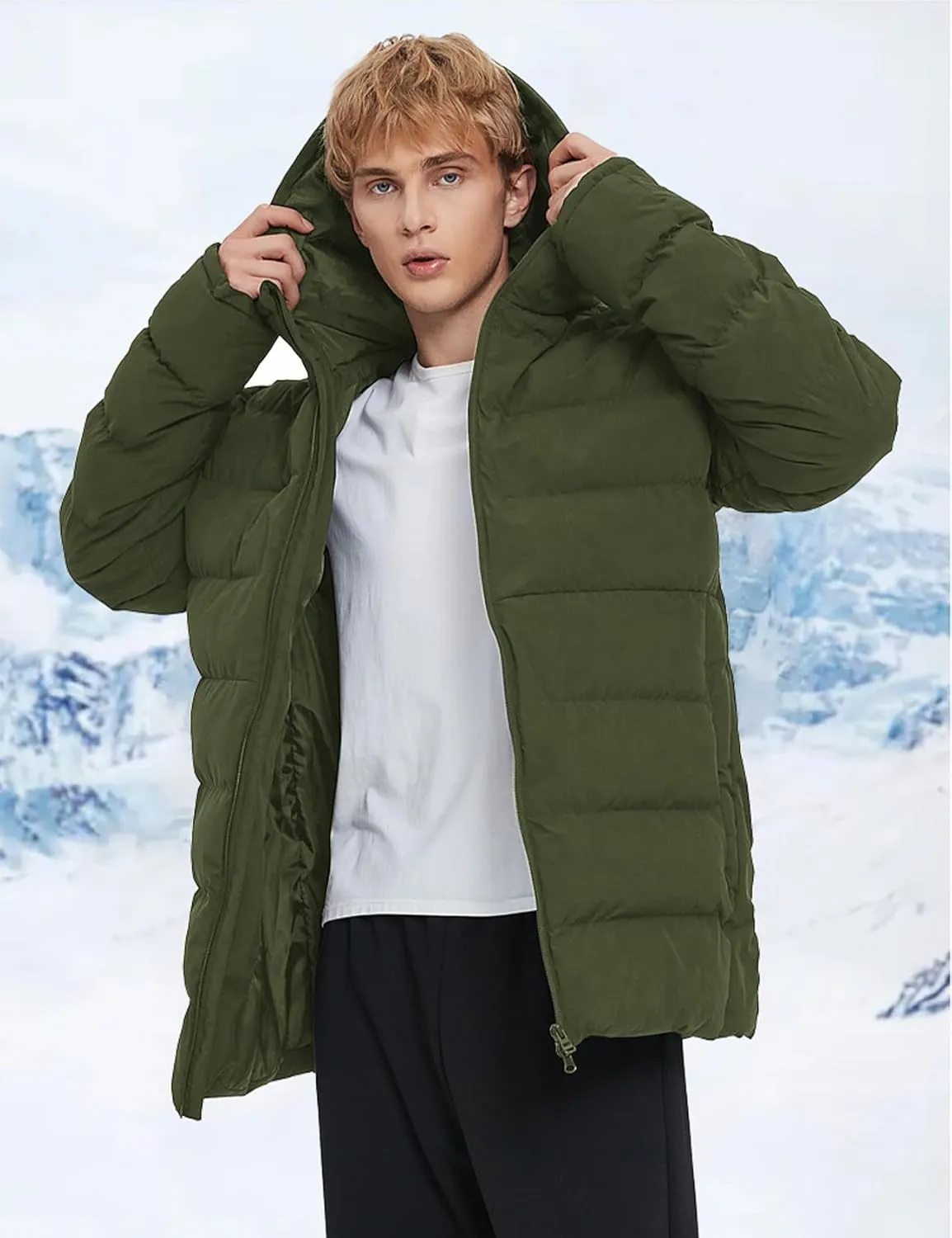 Flygo Mens Hooded Puffer Jacket Insulated Winter Waterproof Warm Coat Zipper Down Quilted Jackets