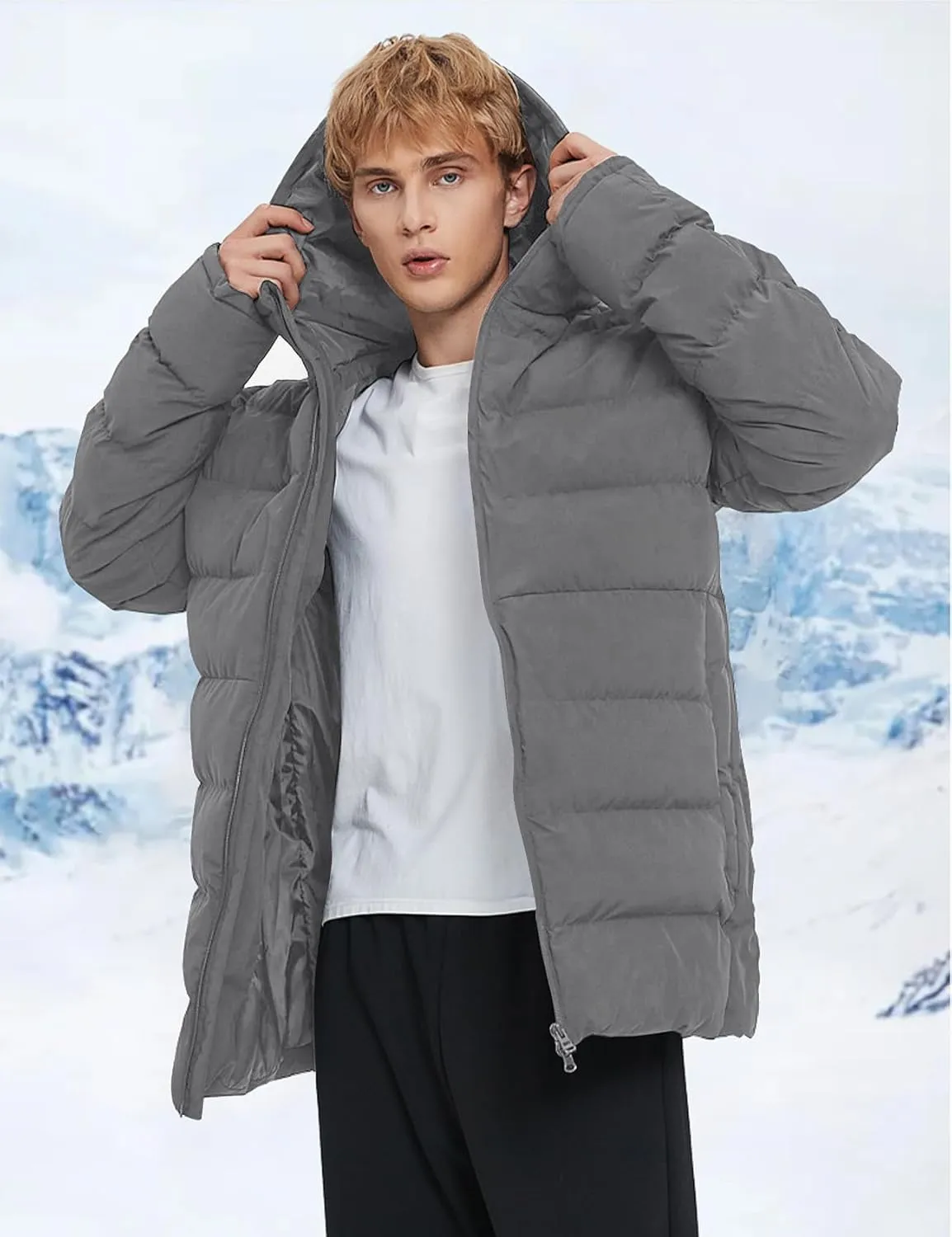 Flygo Mens Hooded Puffer Jacket Insulated Winter Waterproof Warm Coat Zipper Down Quilted Jackets