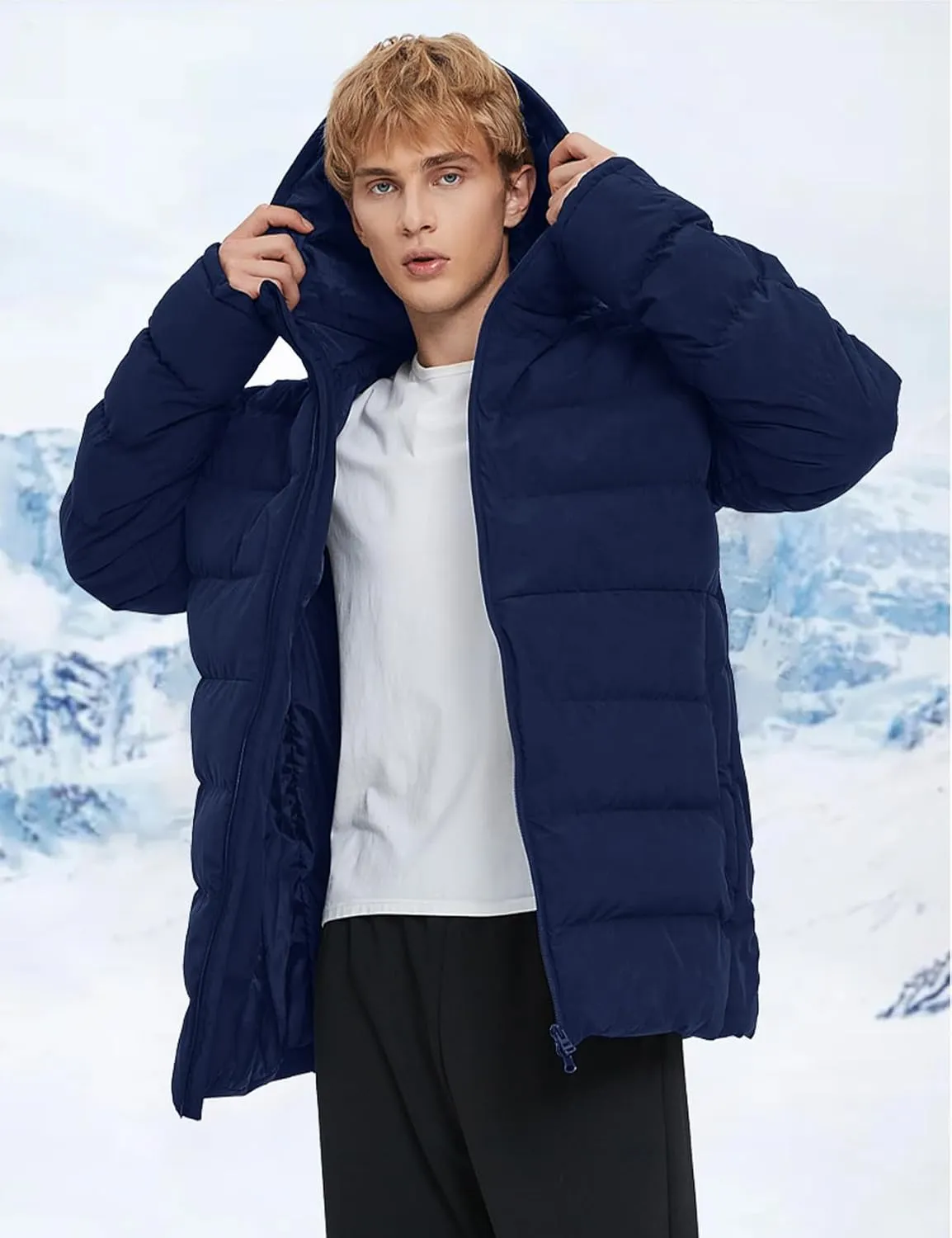 Flygo Mens Hooded Puffer Jacket Insulated Winter Waterproof Warm Coat Zipper Down Quilted Jackets