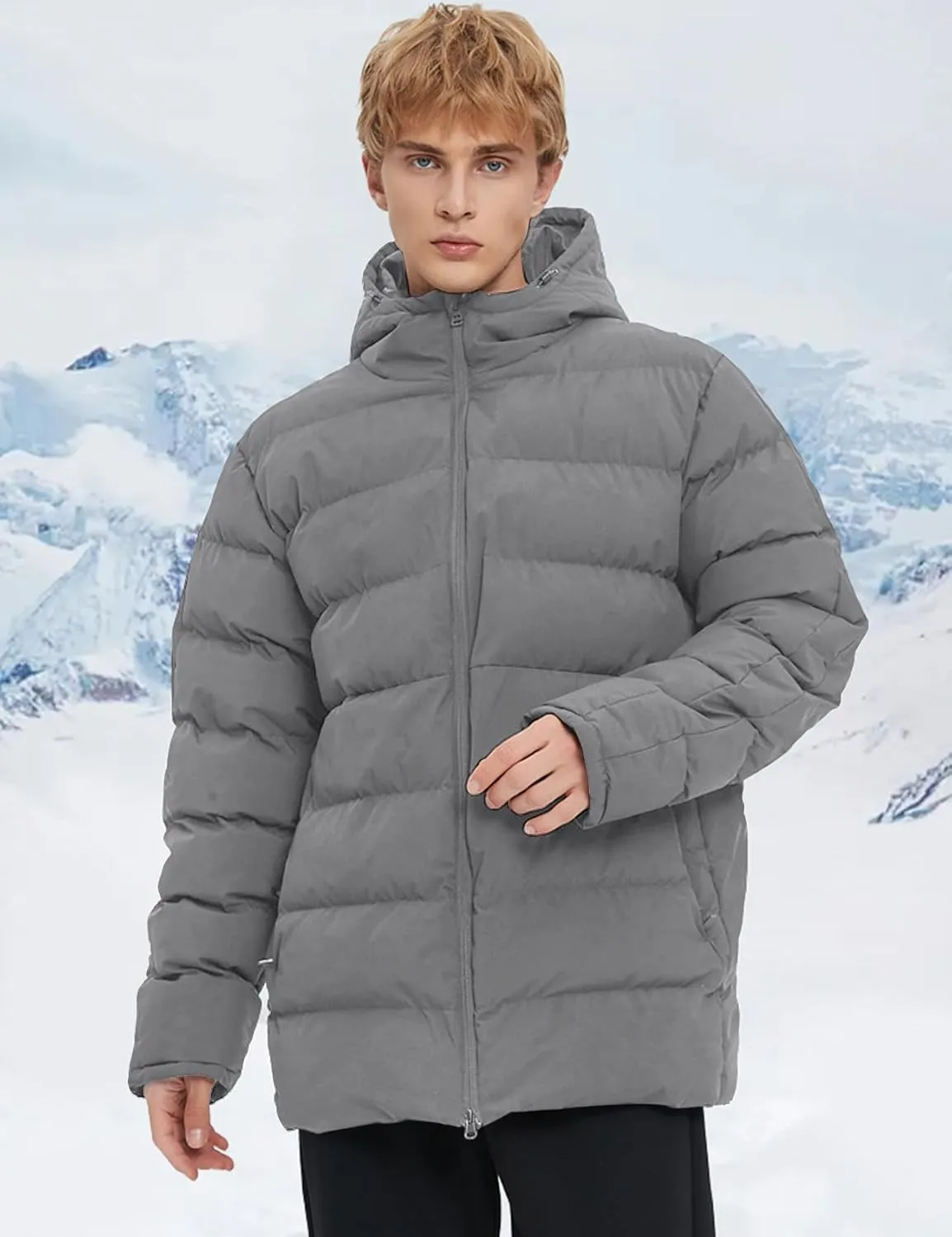Flygo Mens Hooded Puffer Jacket Insulated Winter Waterproof Warm Coat Zipper Down Quilted Jackets