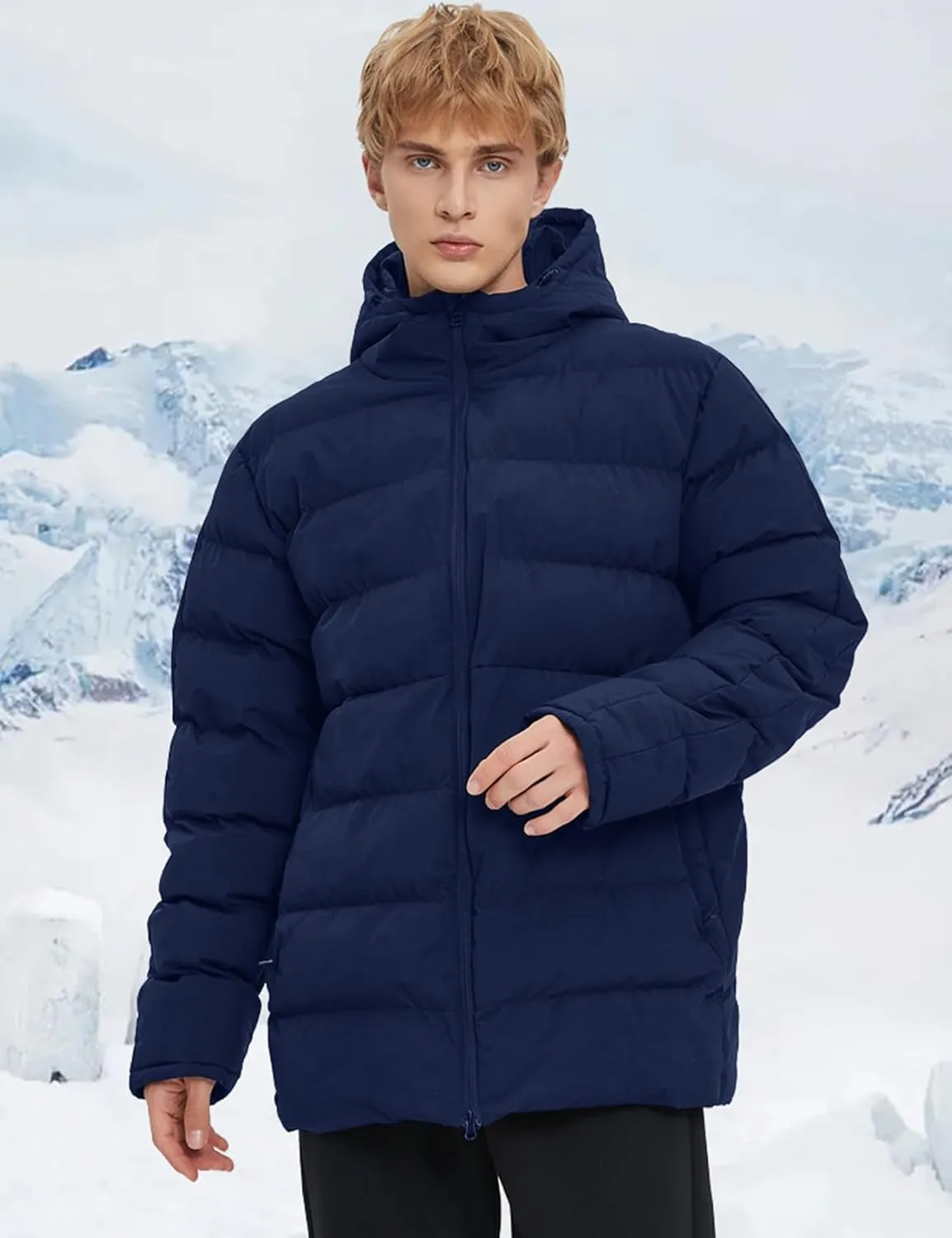 Flygo Mens Hooded Puffer Jacket Insulated Winter Waterproof Warm Coat Zipper Down Quilted Jackets