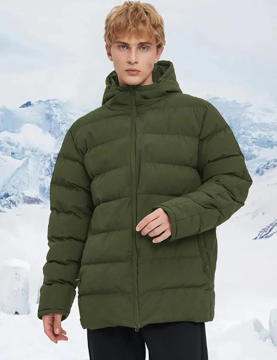 Flygo Mens Hooded Puffer Jacket Insulated Winter Waterproof Warm Coat Zipper Down Quilted Jackets