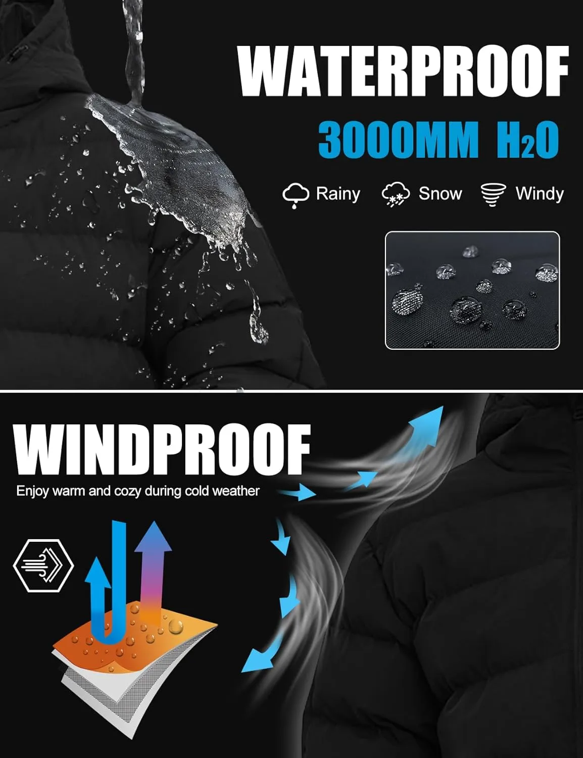 Flygo Mens Hooded Puffer Jacket Insulated Winter Waterproof Warm Coat Zipper Down Quilted Jackets