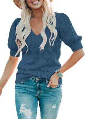 Foshow Womens Puff Short Sleeve Sweater Tops Summer Lightweight Loose Knit Pullover Shirts Blouses