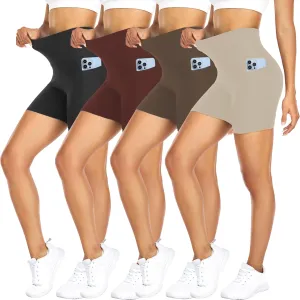FULLSOFT 4 Pack Biker Shorts for Women with Pockets  5" High Waisted Tummy Control Workout Yoga Running Gym Tennis Shorts