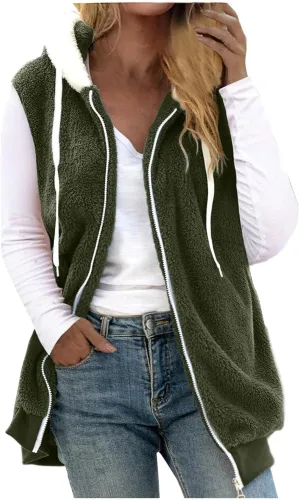 Fuzzy Fleece Vest For Women Zip Up Fall Fashion Hooded Sleeveless Sherpa Jacket With Pockets Lightweight Vest