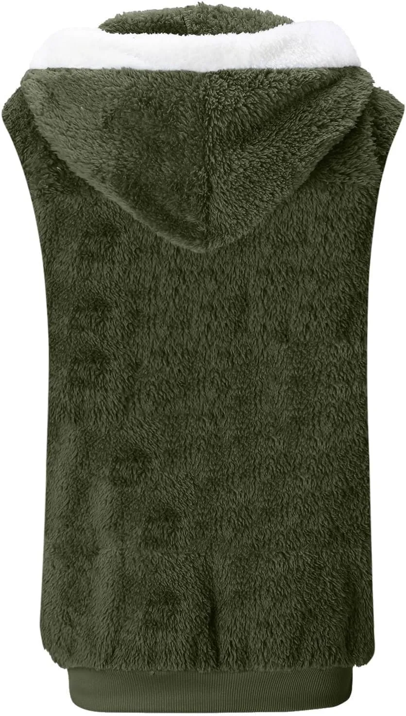 Fuzzy Fleece Vest For Women Zip Up Fall Fashion Hooded Sleeveless Sherpa Jacket With Pockets Lightweight Vest