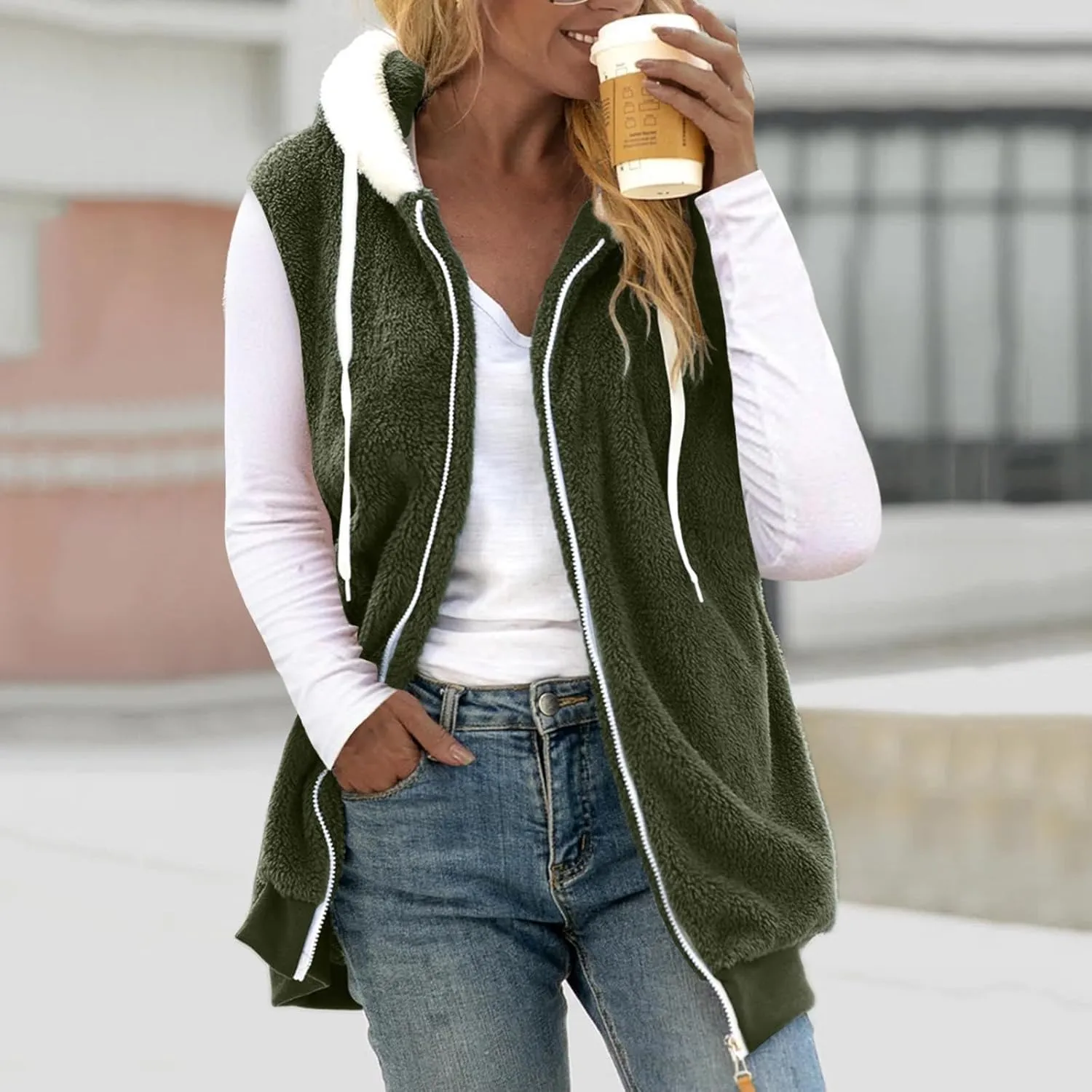 Fuzzy Fleece Vest For Women Zip Up Fall Fashion Hooded Sleeveless Sherpa Jacket With Pockets Lightweight Vest
