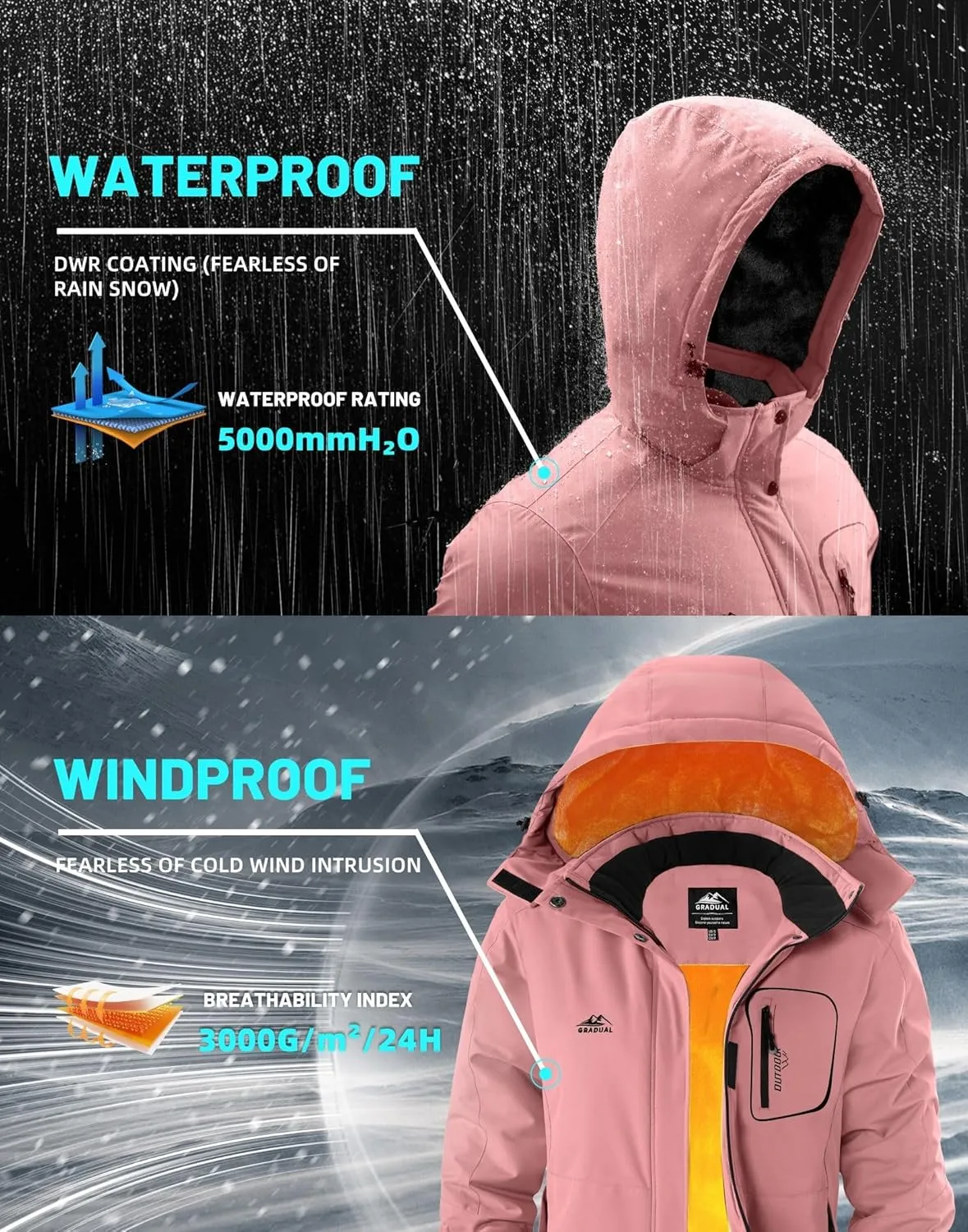 G Gradual Women's Ski Jackets Waterproof Insulated Fleece Lined Heavyweight Winter Jacket Hood Mountain Snowboarding Coat