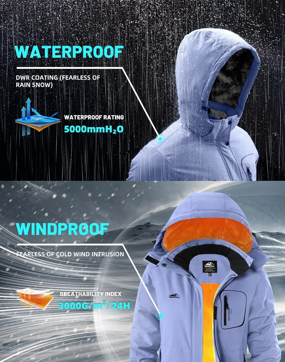G Gradual Women's Ski Jackets Waterproof Insulated Fleece Lined Heavyweight Winter Jacket Hood Mountain Snowboarding Coat