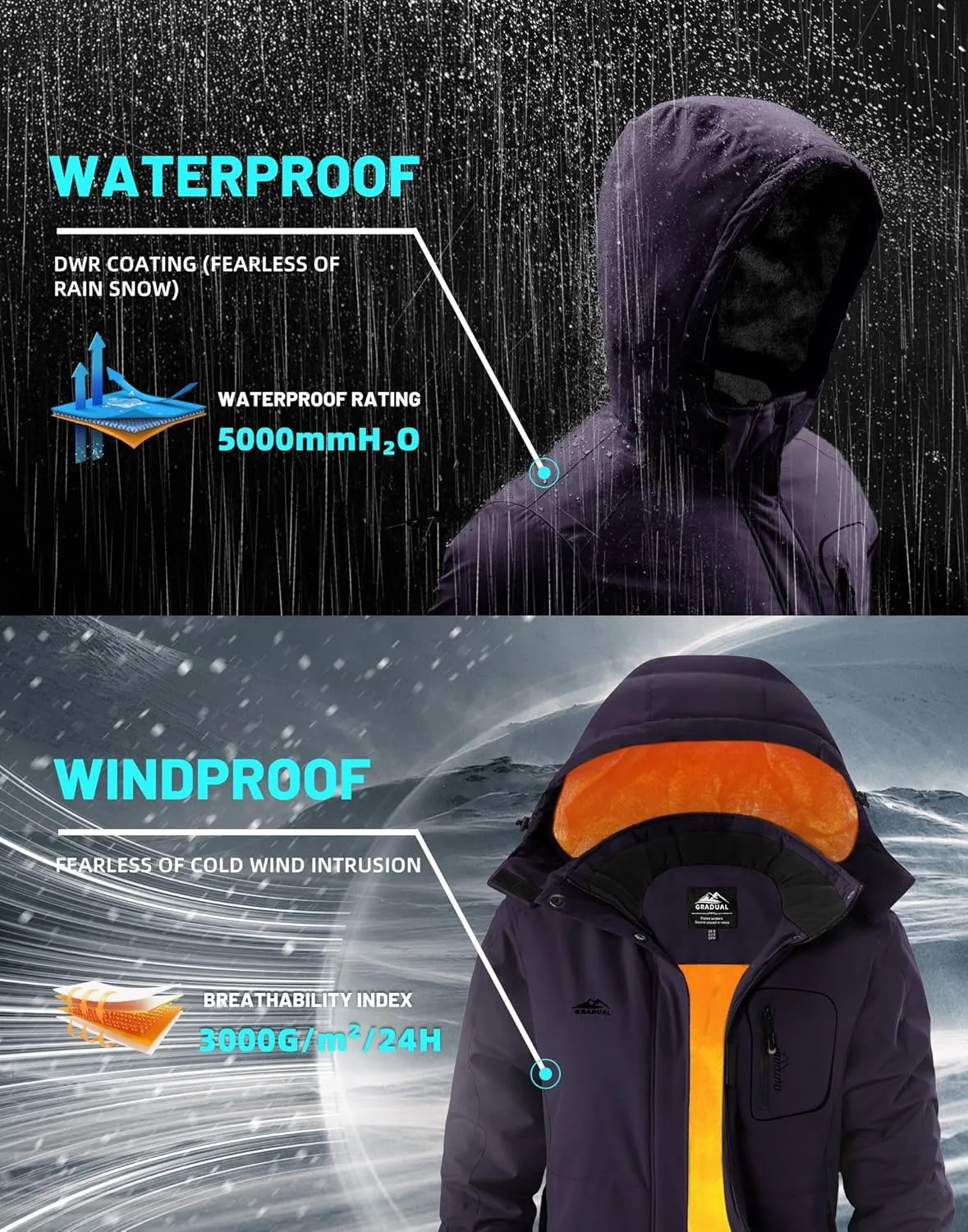 G Gradual Women's Ski Jackets Waterproof Insulated Fleece Lined Heavyweight Winter Jacket Hood Mountain Snowboarding Coat