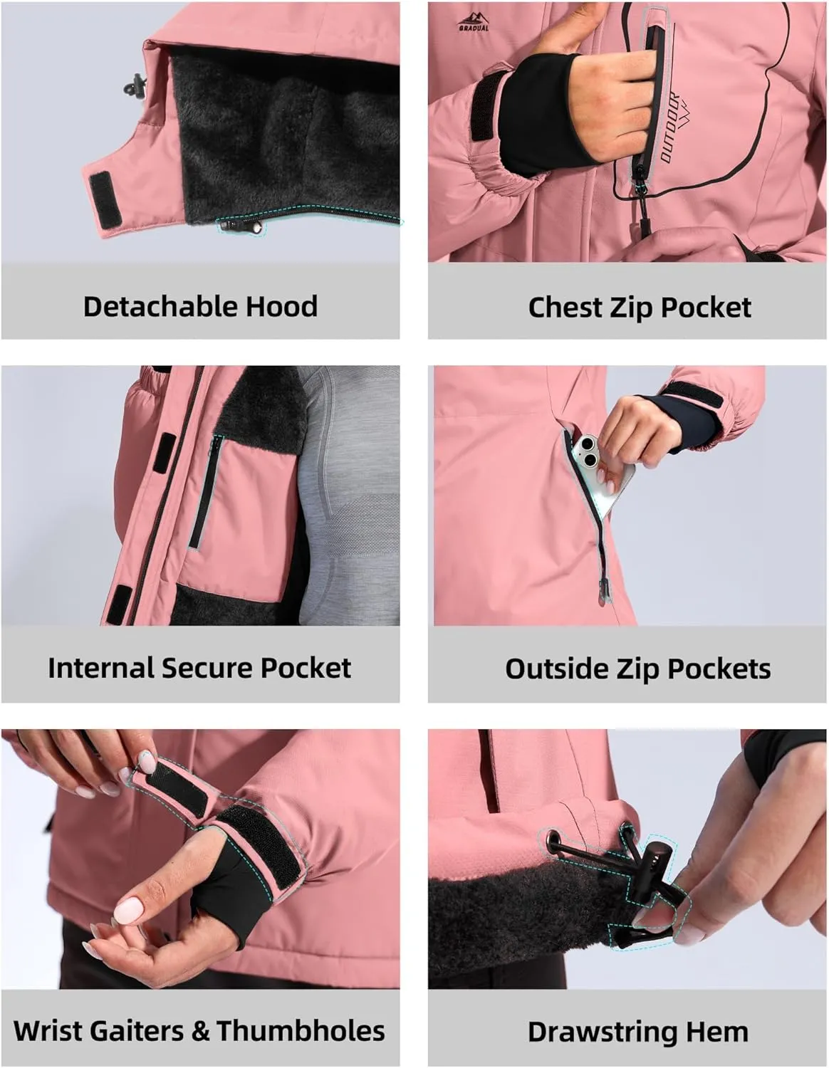 G Gradual Women's Ski Jackets Waterproof Insulated Fleece Lined Heavyweight Winter Jacket Hood Mountain Snowboarding Coat