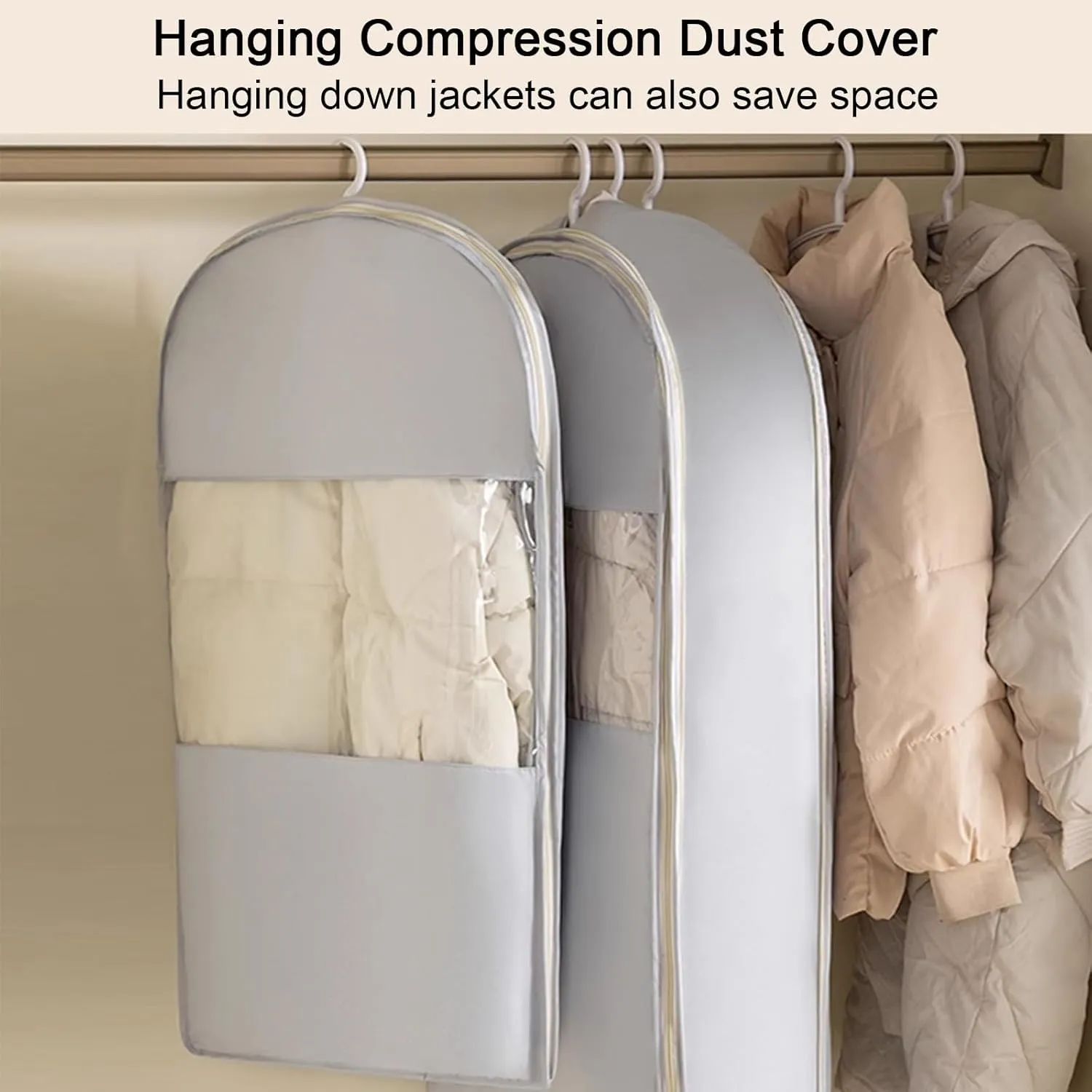 Garment Bags, Clothes Cover for Hanging Clothes in Wardrobes with Compression Zippers, Suitable for Jackets, Sweaters, Down Jackets(Beige,58x90x15cm x35x6in)