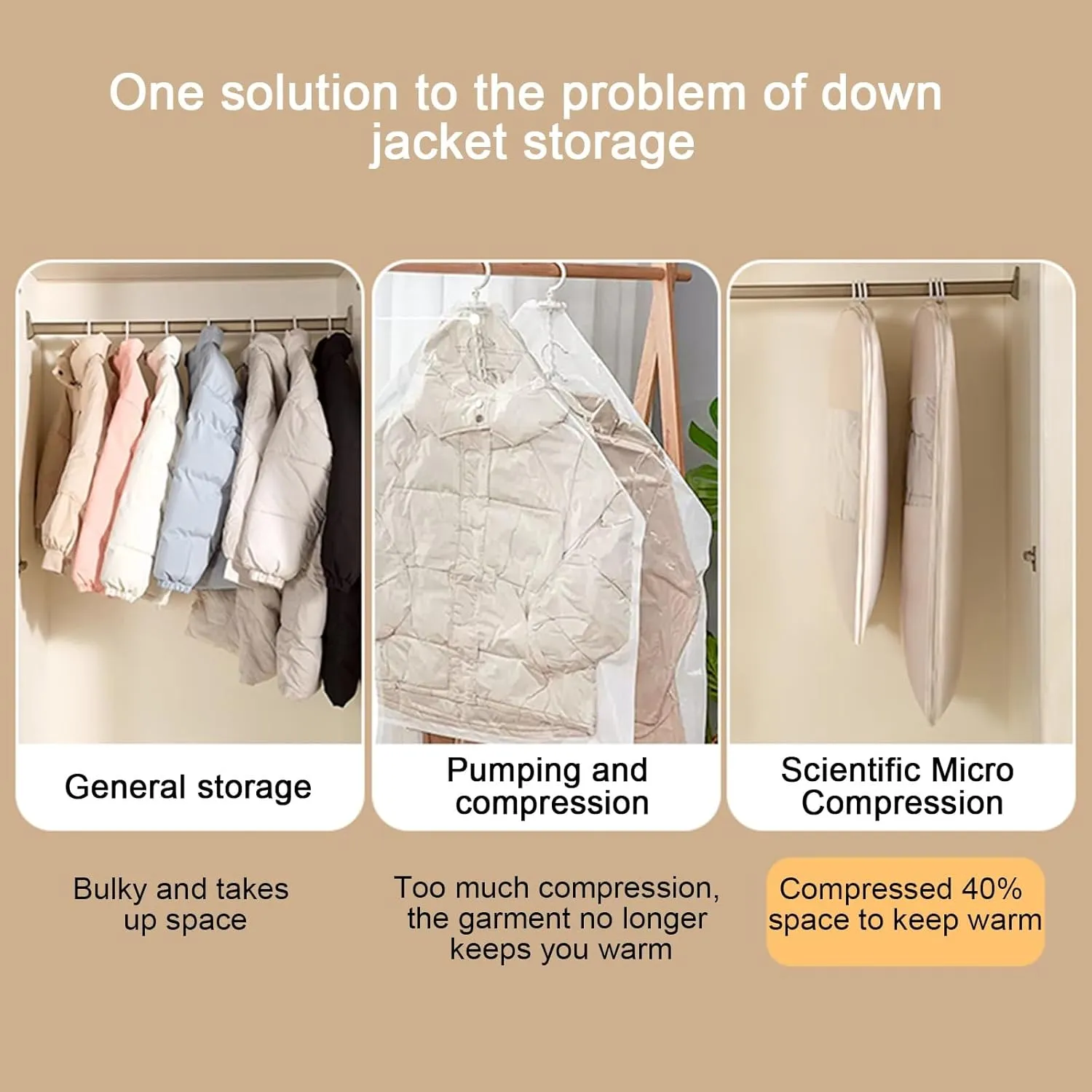 Garment Bags, Clothes Cover for Hanging Clothes in Wardrobes with Compression Zippers, Suitable for Jackets, Sweaters, Down Jackets(Beige,58x90x15cm x35x6in)