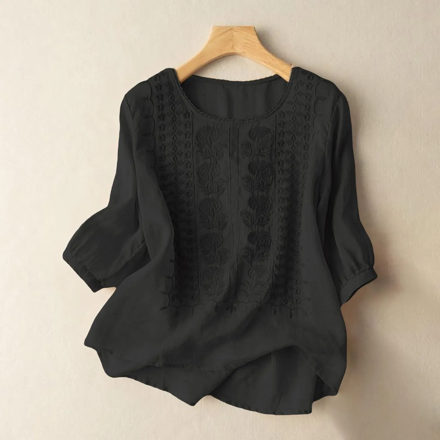 Gause Tops for Women 3/4 Sleeve Boho Blouse Spring Summer Retro Floral Crew Neck Bohemian Muslin Cotton Shirts