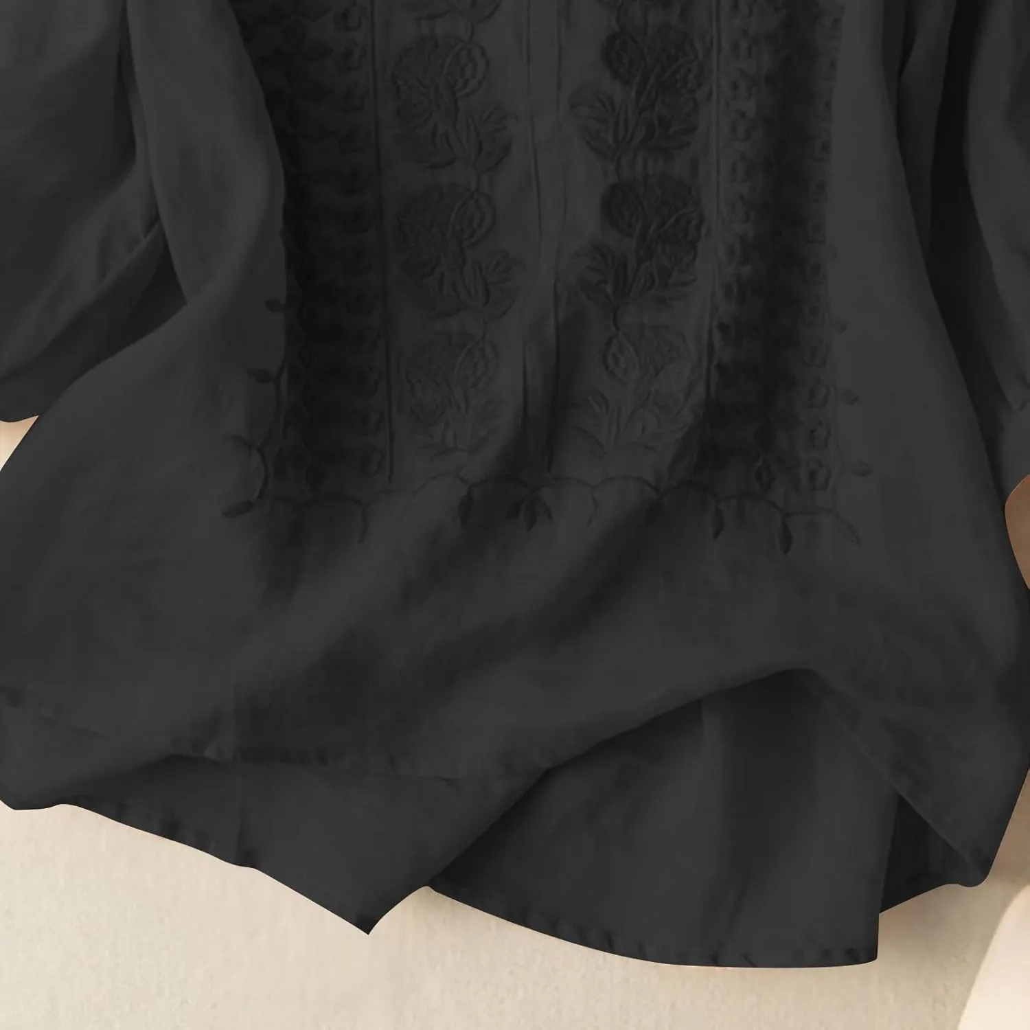 Gause Tops for Women 3/4 Sleeve Boho Blouse Spring Summer Retro Floral Crew Neck Bohemian Muslin Cotton Shirts