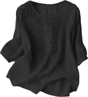 Gause Tops for Women 3/4 Sleeve Boho Blouse Spring Summer Retro Floral Crew Neck Bohemian Muslin Cotton Shirts