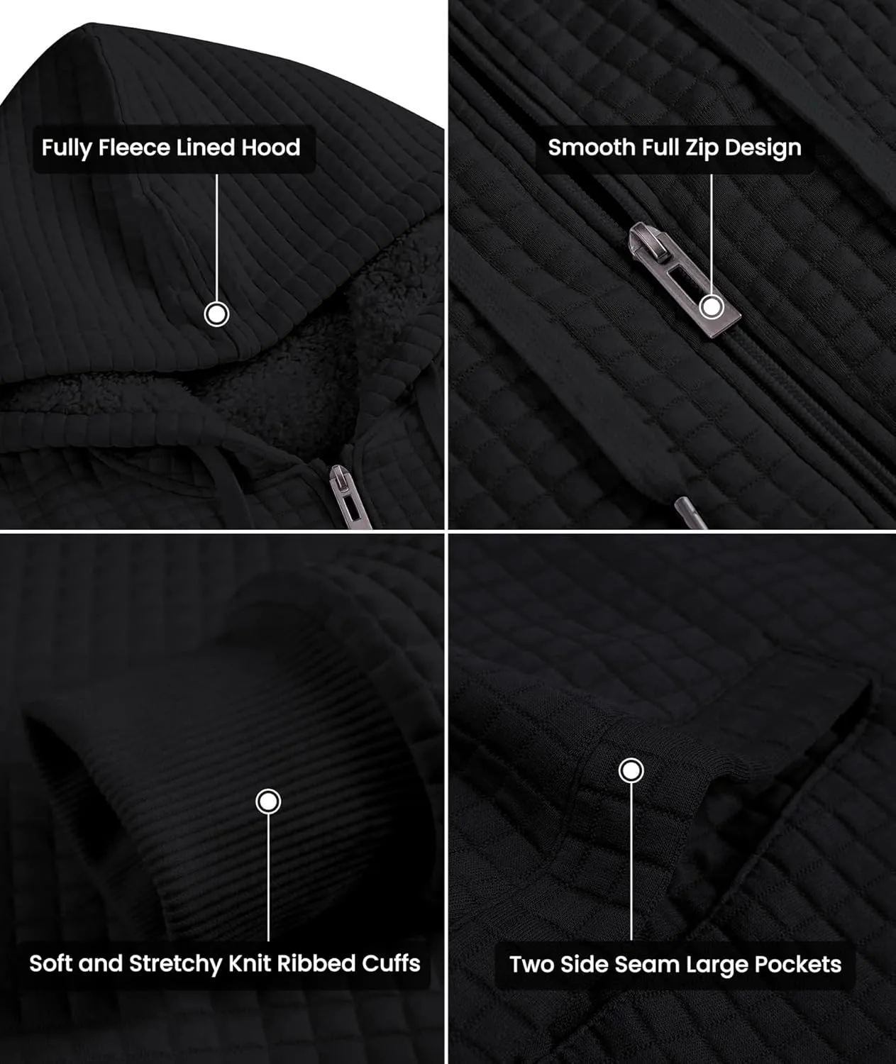 GEEK LIGHTING Mens Fleece Lined Hoodies Zip Up Waffle Knit Thicken Hooded Sweatshirts Winter Jackets