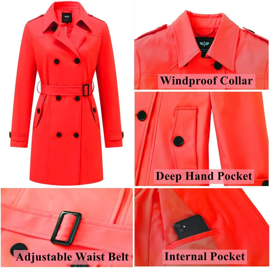 GGleaf Women's Trench Coat Double-Breasted Water Repellent Classic Overcoat Slim Outerwear Coat with Belt