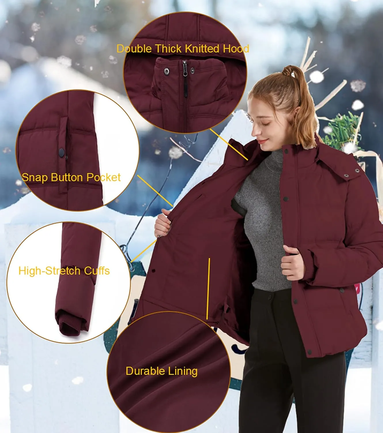 GGleaf Women's Winter Coats Quilted Puffer Jacket Warm Snow Coat with Removable Hood