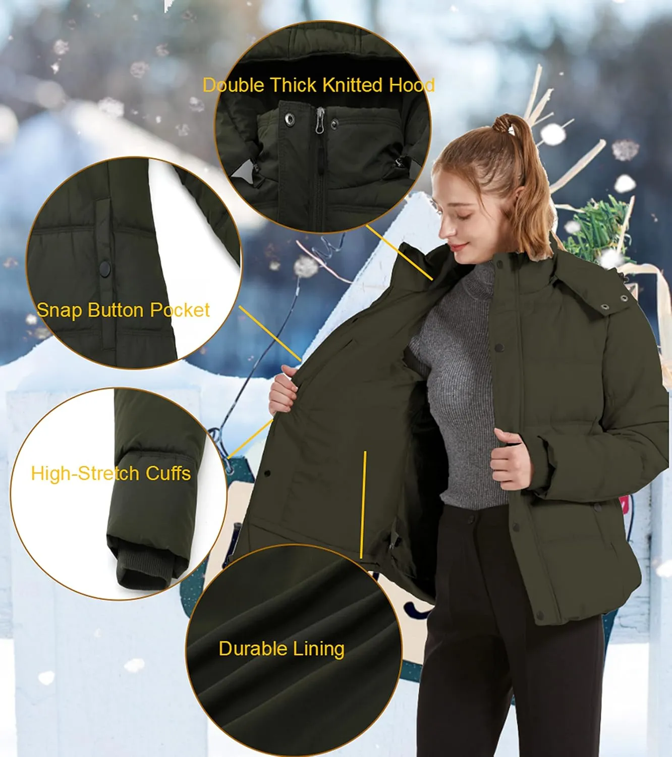 GGleaf Women's Winter Coats Quilted Puffer Jacket Warm Snow Coat with Removable Hood