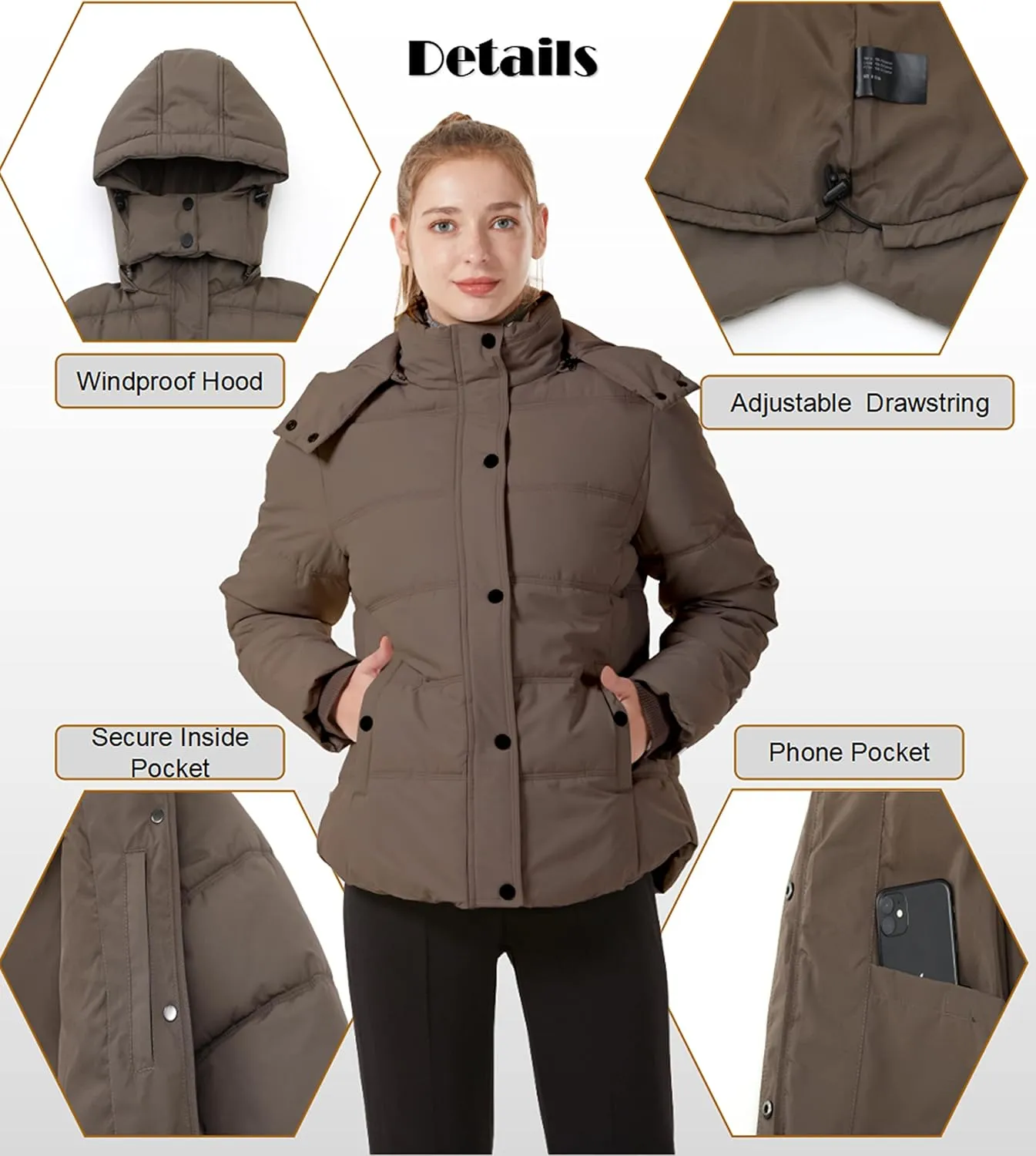 GGleaf Women's Winter Coats Quilted Puffer Jacket Warm Snow Coat with Removable Hood