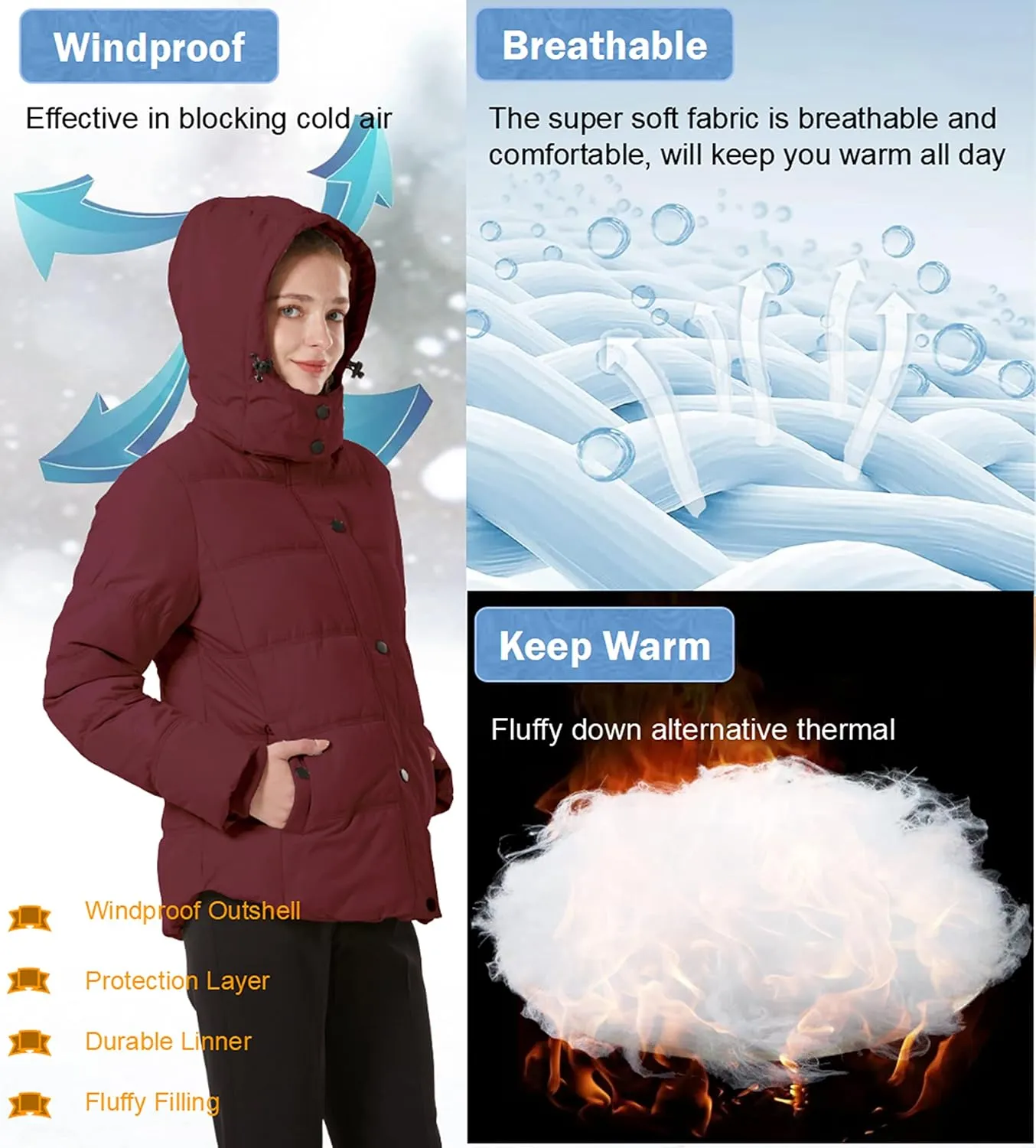 GGleaf Women's Winter Coats Quilted Puffer Jacket Warm Snow Coat with Removable Hood
