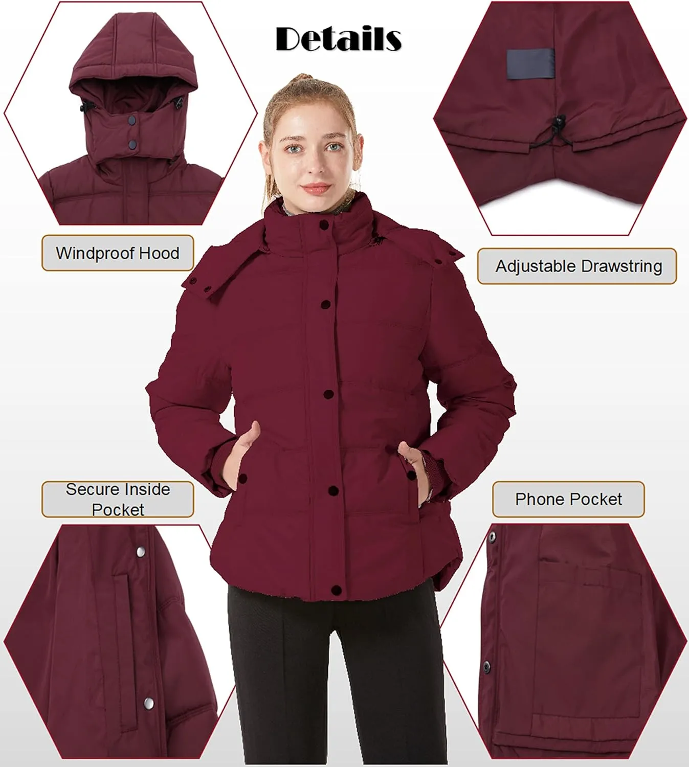 GGleaf Women's Winter Coats Quilted Puffer Jacket Warm Snow Coat with Removable Hood