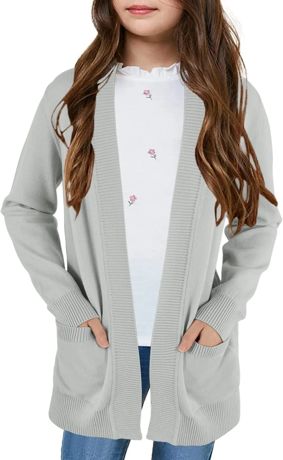 Girls Cardigan Knit Open Front Long Sleeve Sweaters Fall Casual Outwear with Pockets for 5-14 T Kids