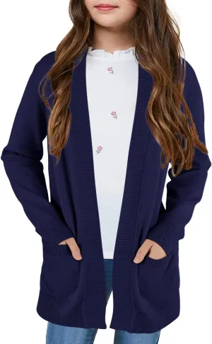 Girls Cardigan Knit Open Front Long Sleeve Sweaters Fall Casual Outwear with Pockets for 5-14 T Kids