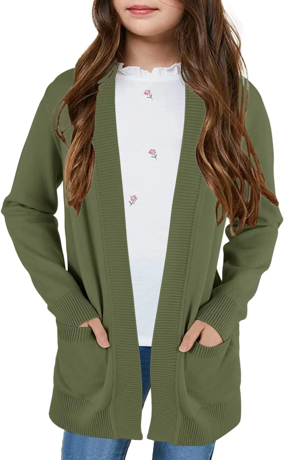 Girls Cardigan Knit Open Front Long Sleeve Sweaters Fall Casual Outwear with Pockets for 5-14 T Kids