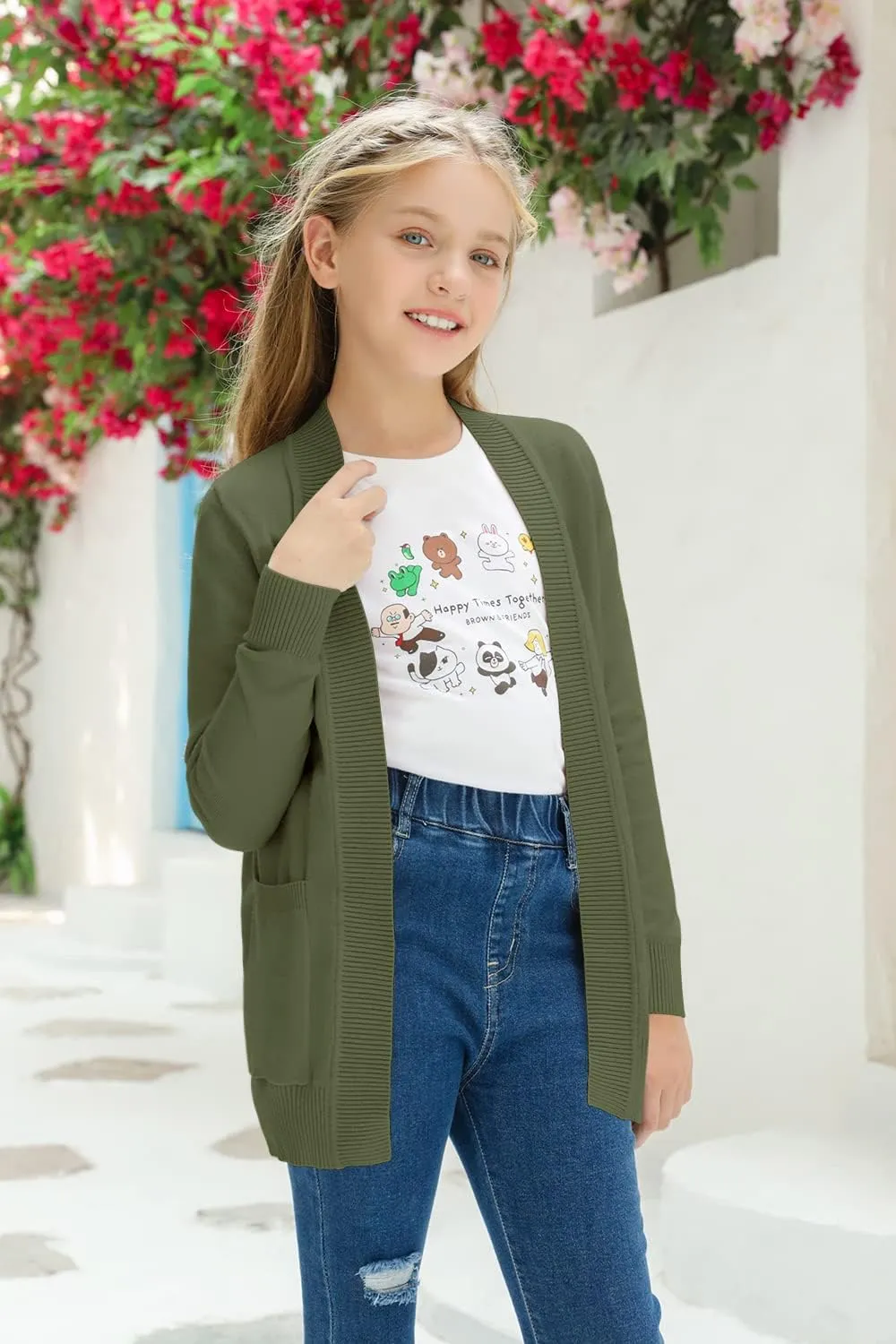 Girls Cardigan Knit Open Front Long Sleeve Sweaters Fall Casual Outwear with Pockets for 5-14 T Kids