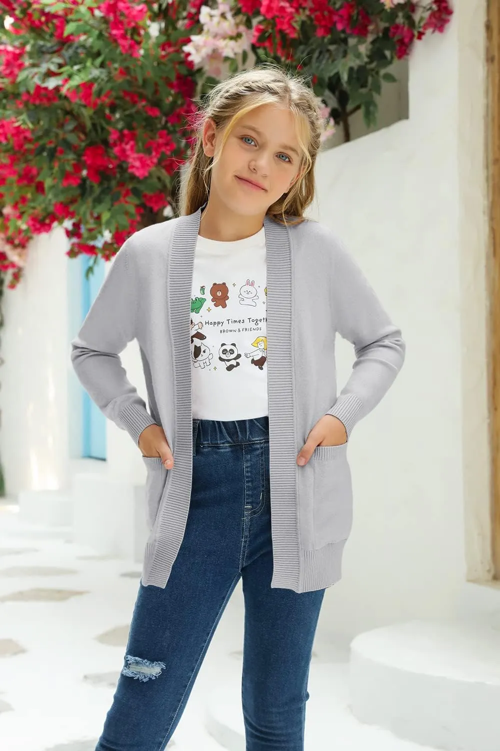 Girls Cardigan Knit Open Front Long Sleeve Sweaters Fall Casual Outwear with Pockets for 5-14 T Kids