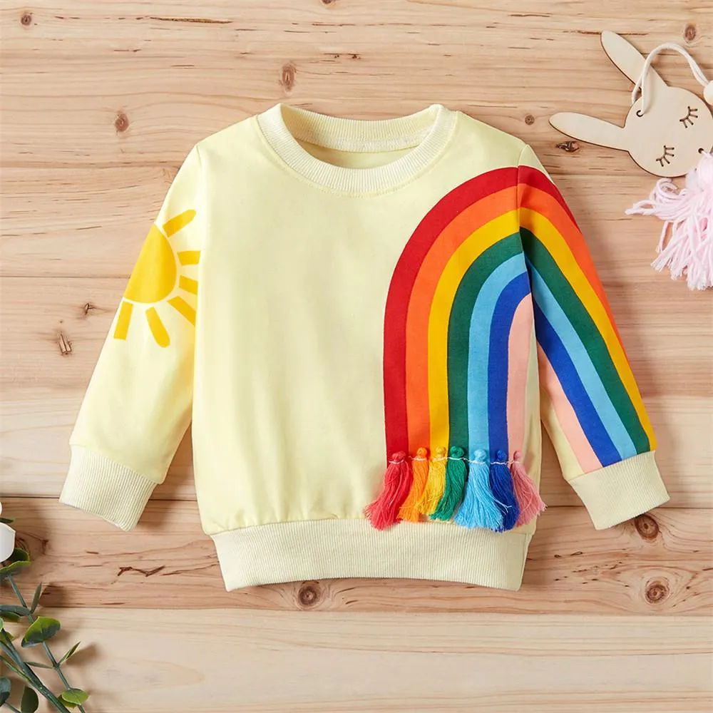 Girls Long Sleeve Casual Rainbow Printed T-shirts