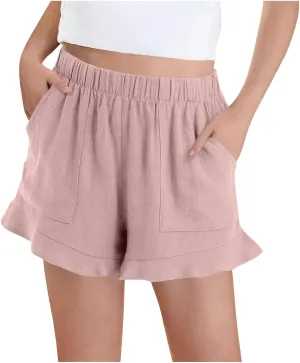 Girls Summer Ruffle Hem Linen Shorts Trendy Casual Elastic Waist Loose Leisure Beach Shorts with Pockets for 3-13 Years