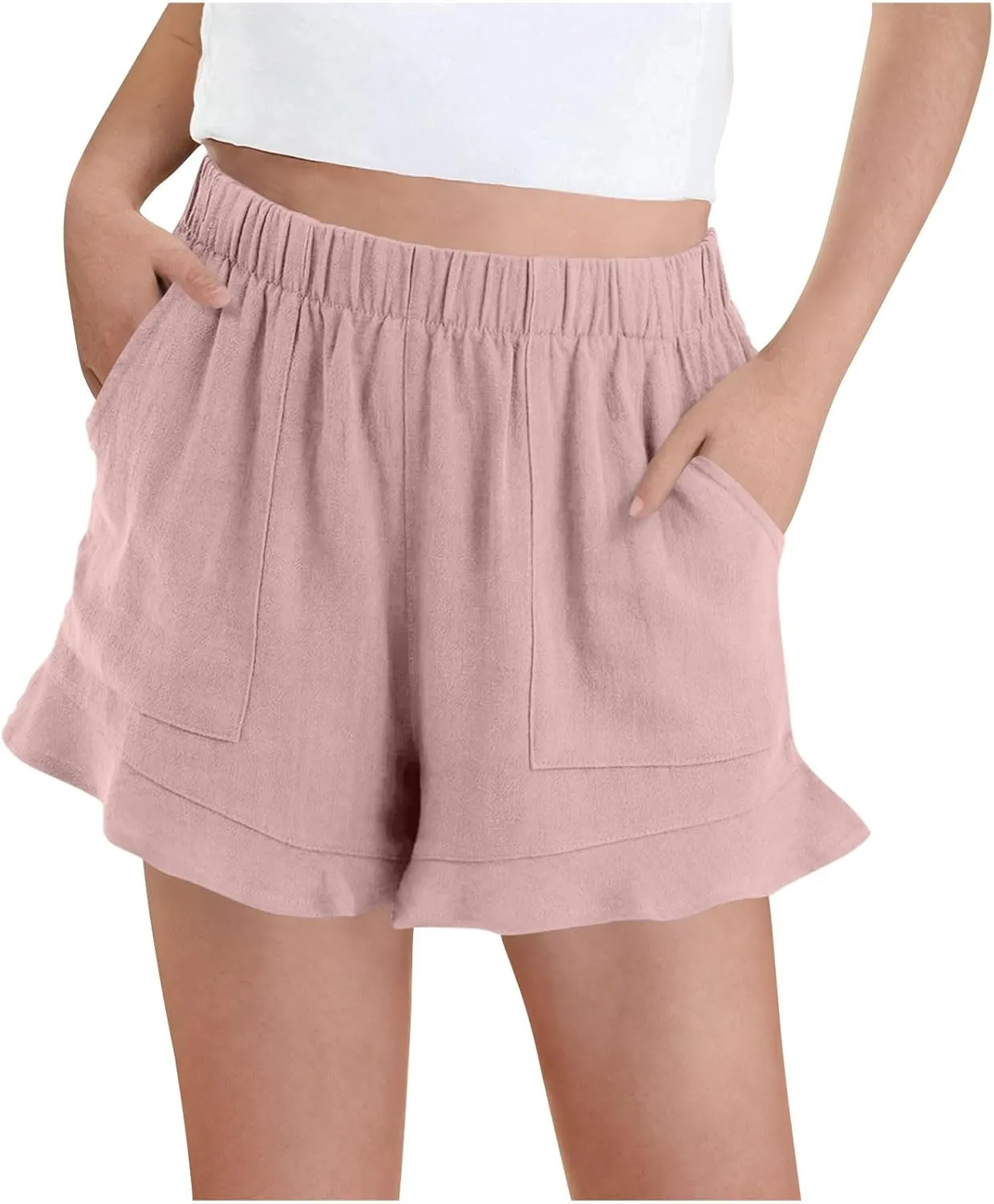 Girls Summer Ruffle Hem Linen Shorts Trendy Casual Elastic Waist Loose Leisure Beach Shorts with Pockets for 3-13 Years