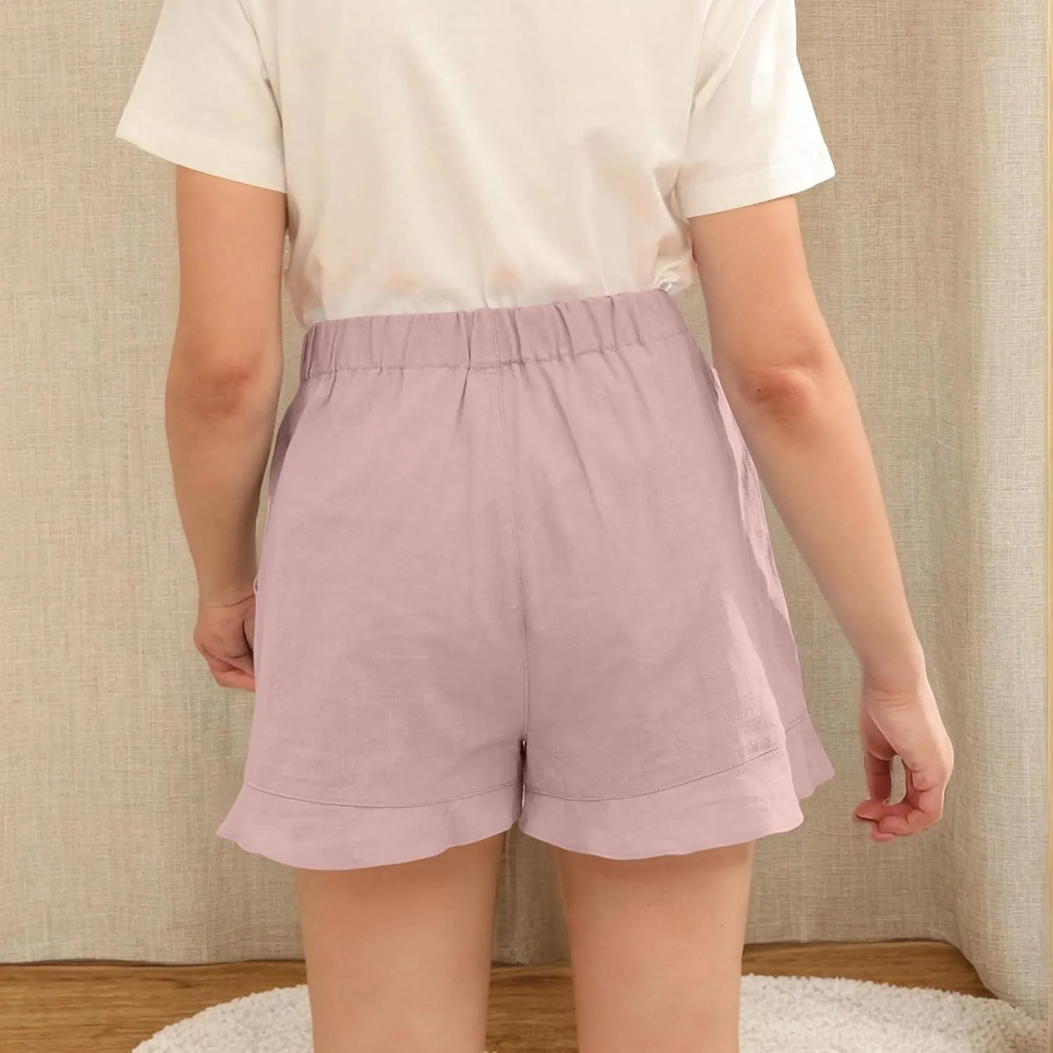 Girls Summer Ruffle Hem Linen Shorts Trendy Casual Elastic Waist Loose Leisure Beach Shorts with Pockets for 3-13 Years