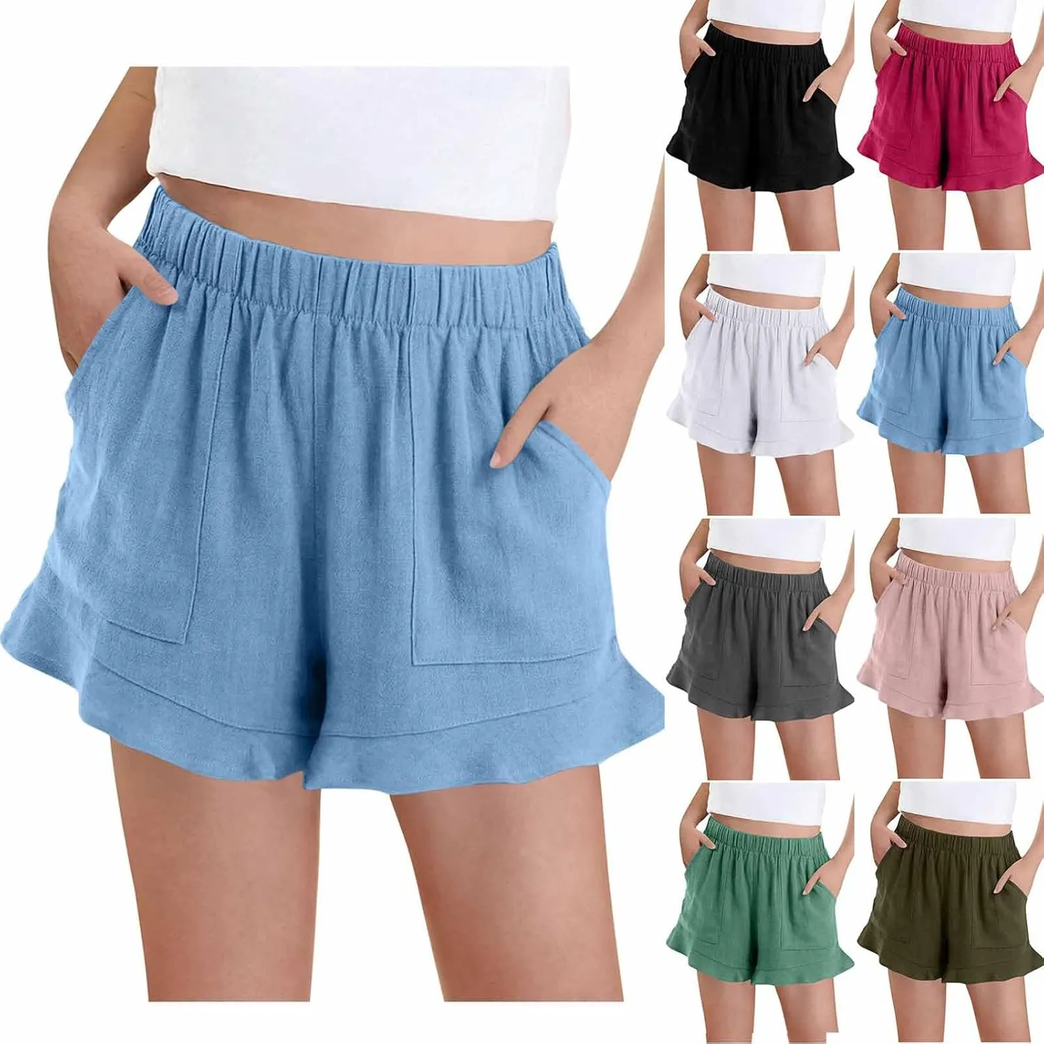 Girls Summer Ruffle Hem Linen Shorts Trendy Casual Elastic Waist Loose Leisure Beach Shorts with Pockets for 3-13 Years