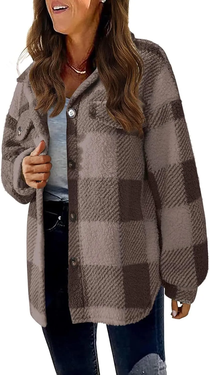 GOFULY Womens Winter Coats Casual Fuzzy Fleece Hoodies Button up Fall Sherpa Jackets Warm Plaid Cardigans Trendy Outerwear