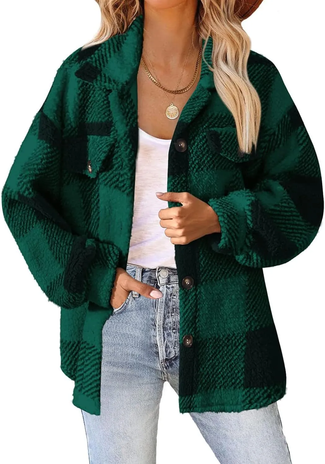 GOFULY Womens Winter Coats Casual Fuzzy Fleece Hoodies Button up Fall Sherpa Jackets Warm Plaid Cardigans Trendy Outerwear