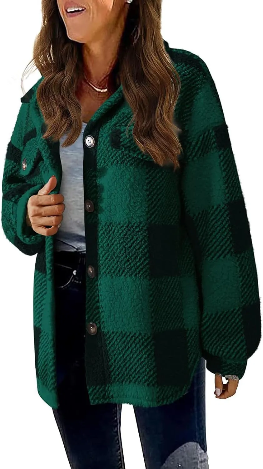 GOFULY Womens Winter Coats Casual Fuzzy Fleece Hoodies Button up Fall Sherpa Jackets Warm Plaid Cardigans Trendy Outerwear