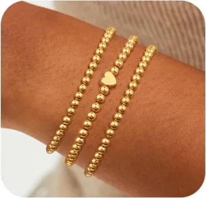 Gold Beaded Bracelets for Women, Dainty 14k Gold Plated Bracelet Stack Charm Stackable Bracelets Waterproof Adjustable Bracelet Sets Non Tarnish Jewelry Accessories for Women Christmas Gifts