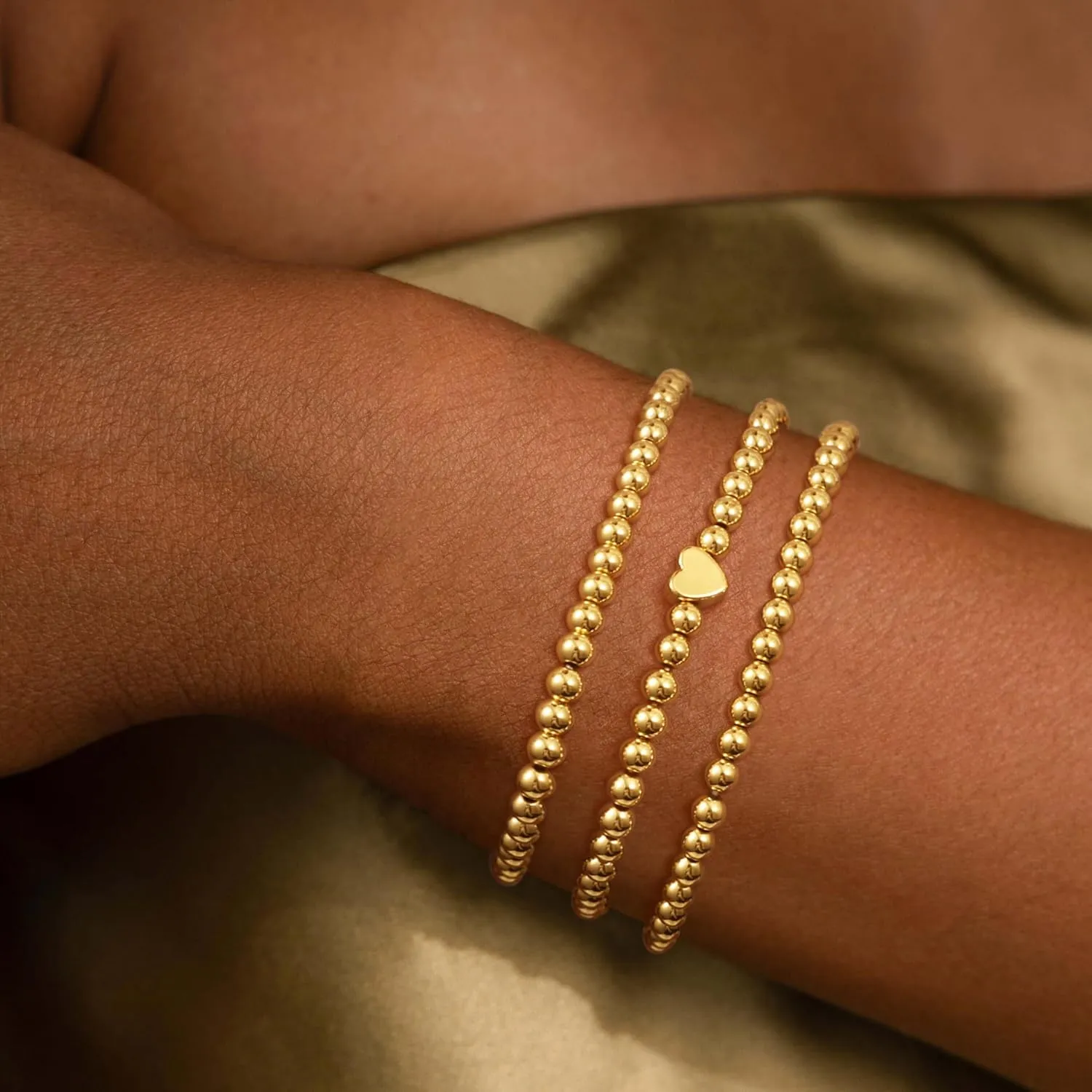 Gold Beaded Bracelets for Women, Dainty 14k Gold Plated Bracelet Stack Charm Stackable Bracelets Waterproof Adjustable Bracelet Sets Non Tarnish Jewelry Accessories for Women Christmas Gifts
