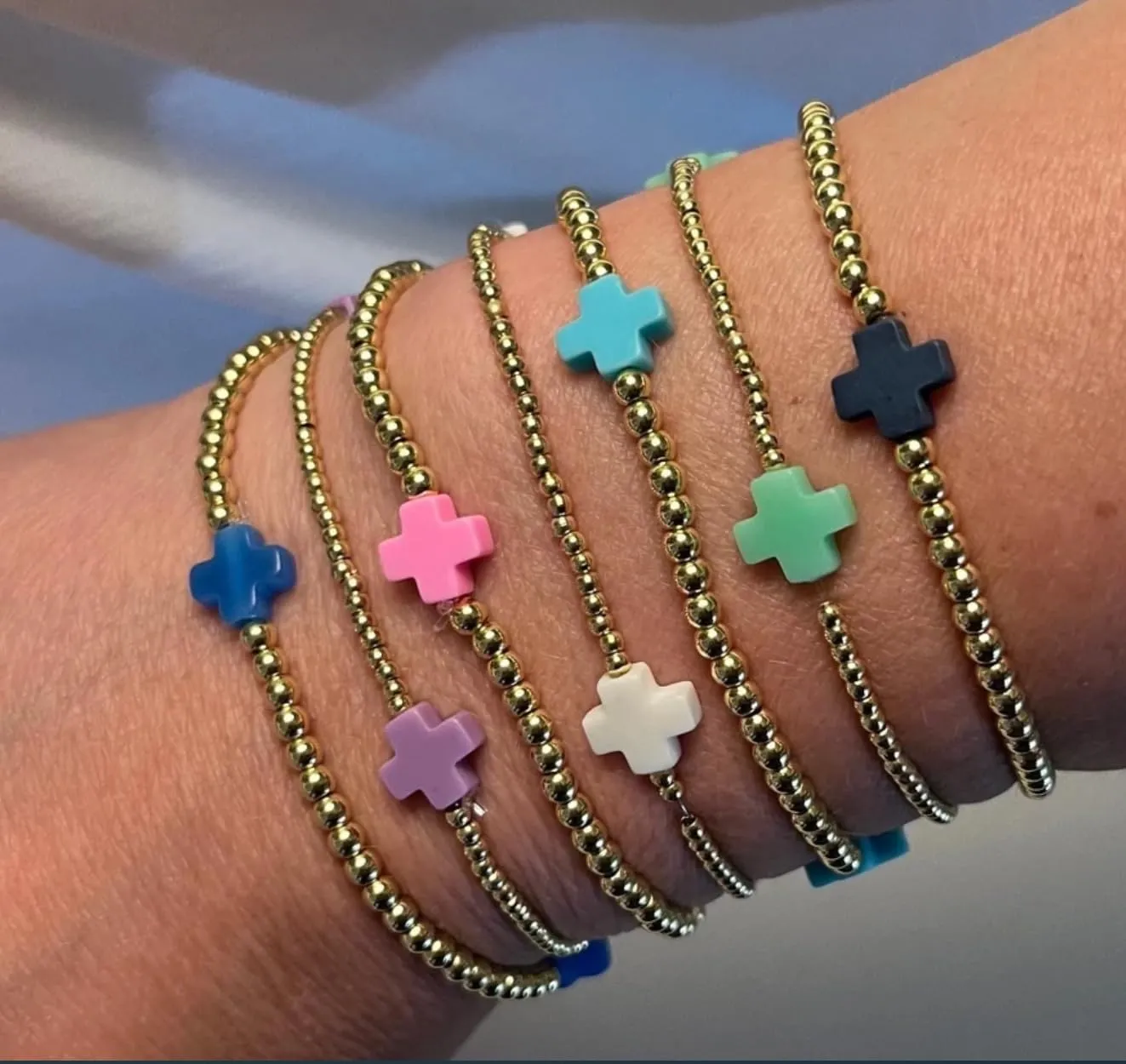 Gold Beaded Bracelets for Women Non Tarnish Dainty Pearl Beaded Bracelet Cross Stack Stretch Bracelets for Women Trendy Gifts 2025 Easter Basket Stuffers