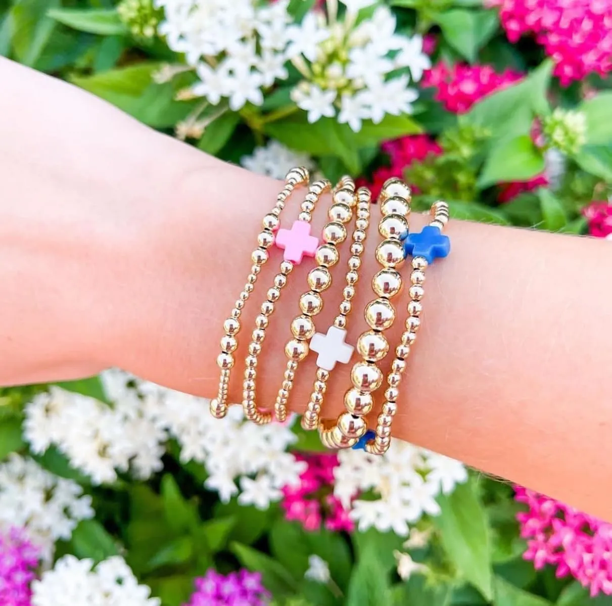 Gold Beaded Bracelets for Women Non Tarnish Dainty Pearl Beaded Bracelet Cross Stack Stretch Bracelets for Women Trendy Gifts 2025 Easter Basket Stuffers