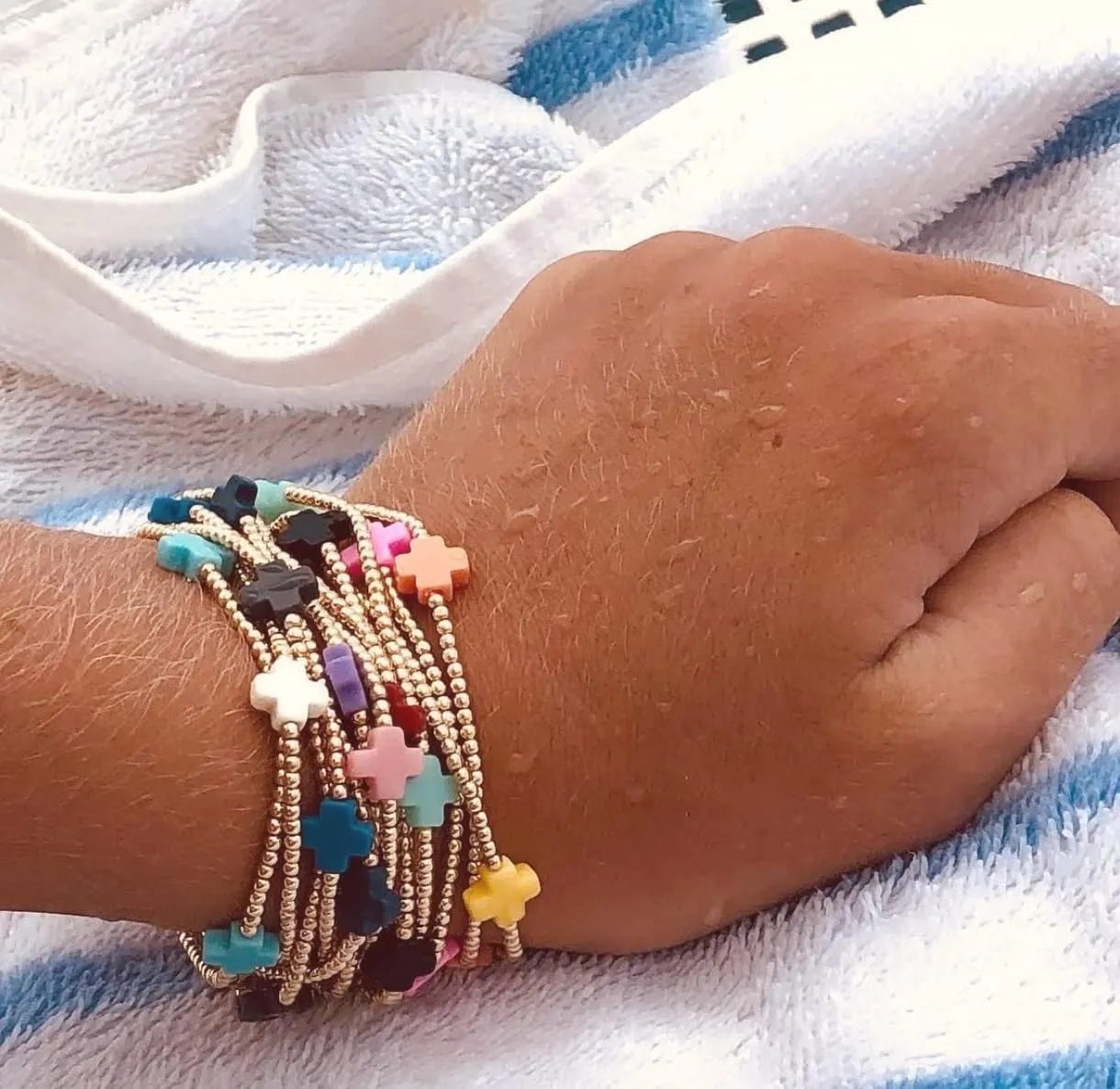 Gold Beaded Bracelets for Women Non Tarnish Dainty Pearl Beaded Bracelet Cross Stack Stretch Bracelets for Women Trendy Gifts 2025 Easter Basket Stuffers
